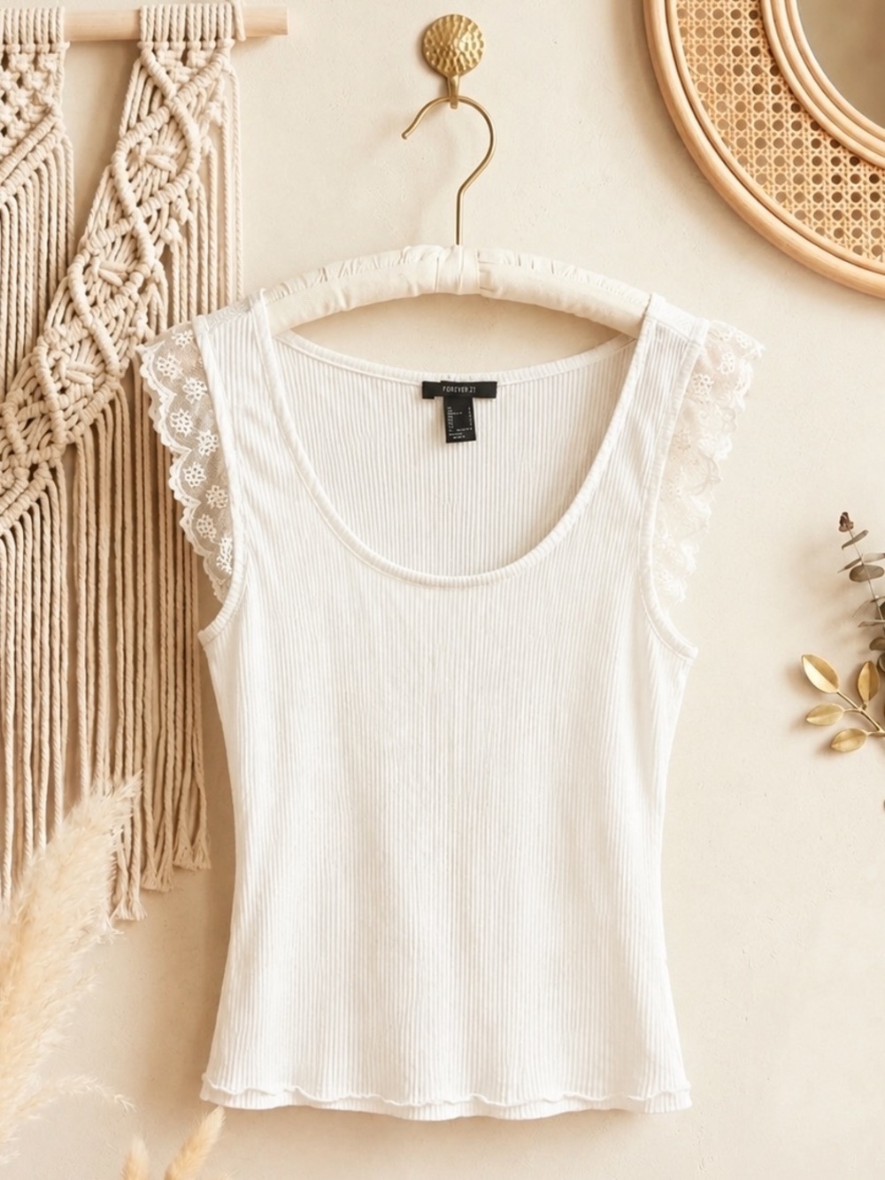 Forever 21 White Ribbed Lace-Trim Tank